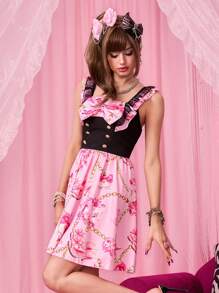 ROMWE J-Fashion 女式花卉印花蝴蝶结装饰无袖迷你连衣裙 - 粉色 - 查看 5