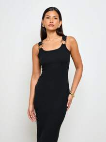 AiiRZ 长款吊带连衣裙，金色搭扣肩带，侧开衩，修身夏季无袖及地正式礼服