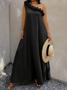 SHEIN Clasi Vestido elegante sin mangas con diseño de volantes de unicolor para mujer de talla grande - Negro - Ver 5