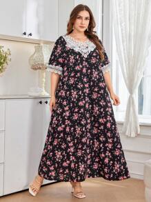 SHEIN Najma V 领短袖刺绣碎花蕾丝休闲宽松浪漫优雅束腰连衣裙，百搭舒适，适合大码女性，适合度假/度假