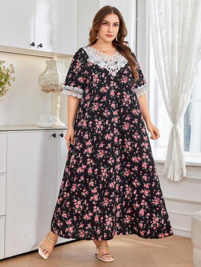 SHEIN Najma Black Summer Modest Traditional Binyag Plus Size Women's V-Neck Short Sleeve Embroidered Ditsy Floral Lace Loose Tunic Kaftan Jalabiya Holiday Dress