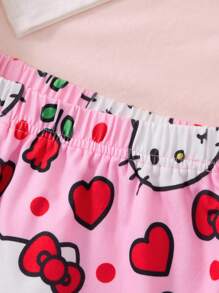 HELLO KITTY AND FRIENDS | SHEIN 少女卡通白色休闲百搭短袖上衣和粉色可爱甜美裤子两件套睡衣套装 - 粉色 - 查看 5