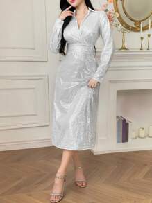 DAZY Elegantes Midikleid mit Pailletten-Twist-Vorderseite für Frauen, Langarm-Kleid für den Herbst, Luxus-Abendkleid für den Abiball, Silvester-Kleid, funkelndes Kleid - Silber - Übersicht 7