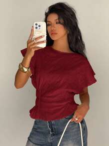 Siren Gaze 女士纯色圆领泡泡袖松紧腰荷叶边衬衫