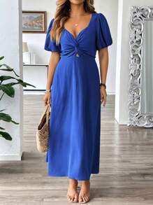 SHEIN Clasi Plus Size Women's French Style Vacation Casual Elegant Sweetheart Neck Twist Front A-Line Puff Sleeve Lantern Sleeve Long Maxi Dress, Spring/Summer - Royal Blue - View 1