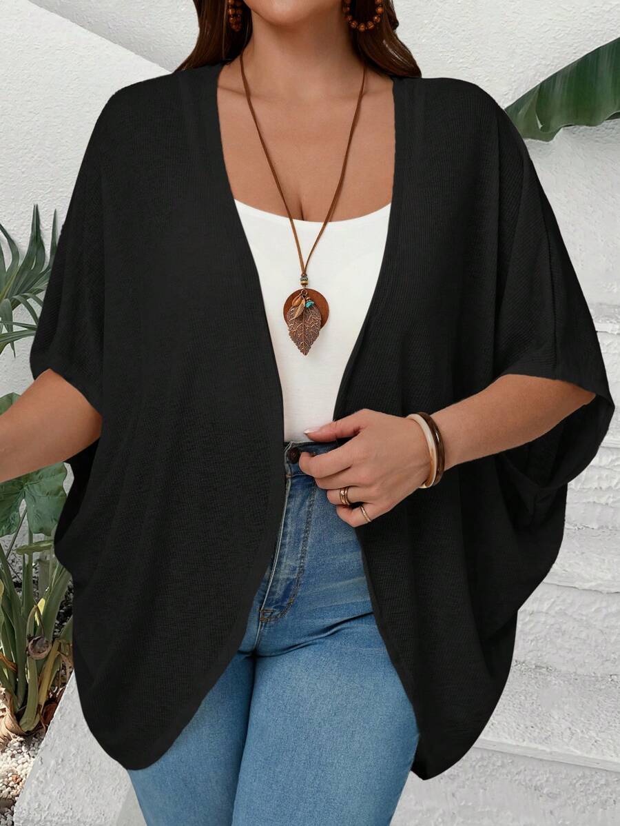 EMERY ROSE Plus Size Women Solid Color Bat-Wing Sleeve Open Front Casual Jacket Fall Women Clothes,Autumn,Fall Clothes Plus Size Cardigans Black Kimono Summer Cardigan Plus Size - Black - View 1