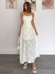 SHEIN Essnce All White Solid Jacquard Flower Applique Shirred Back Slip Long Dress - White - View 1