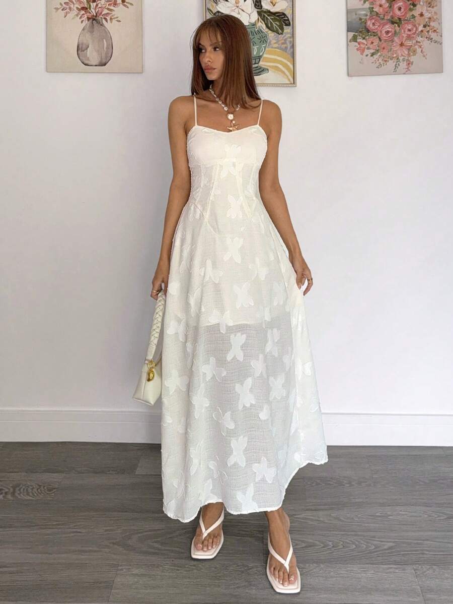 SHEIN Essnce All White Solid Jacquard Flower Applique Shirred Back Slip Long Dress - White - View 1