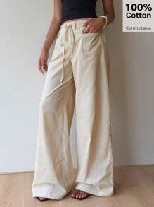 Siren Gaze 女士 100% 纯棉舒适休闲夏季度假裤、亚麻长裤 - 杏色 - 查看 6