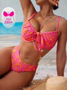 Swim DD+ Set Bikini Wanita Motif Cetak Seluruh Permukaan DD+ Push Up untuk Liburan Pantai Musim Panas - MultiWarna - View 6
