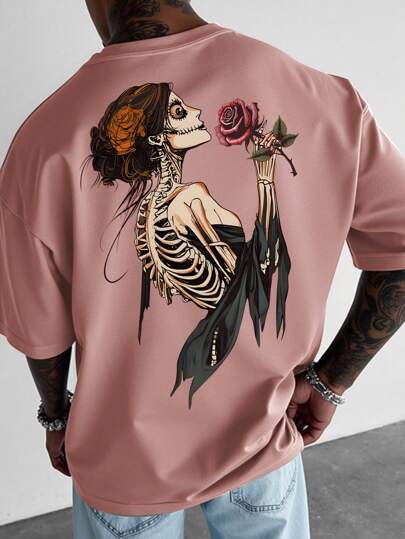 Manfinity LEGND Camiseta de manga corta con cuello redondo y estampado gráfico de calavera y rosa para hombres, estilo casual adecuado para Halloween, uso diario, camisetas gráficas oversize con diseño de esqueleto y rosa, estilo de los 2000