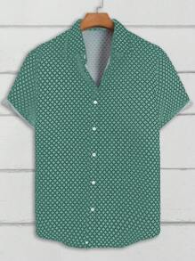 Manfinity Homme Camisa Casual de Manga Curta com Botões na Frente e Estampa Completa Verde para Homens