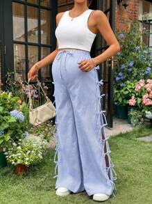 SHEIN 孕妇蝴蝶结装饰条纹阔腿休闲宽松裤 - 藍白色 - 查看 6