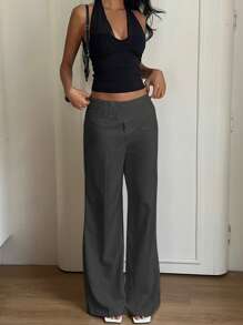 SHEIN EZwear 女士休闲通勤深灰色低腰阔腿裤