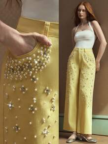 Selenza Women's Solid Color Fashionable Denim Jeans, Suitable For Summer Butter Yellow Jeans With Rhinestone - Yellow - View 5