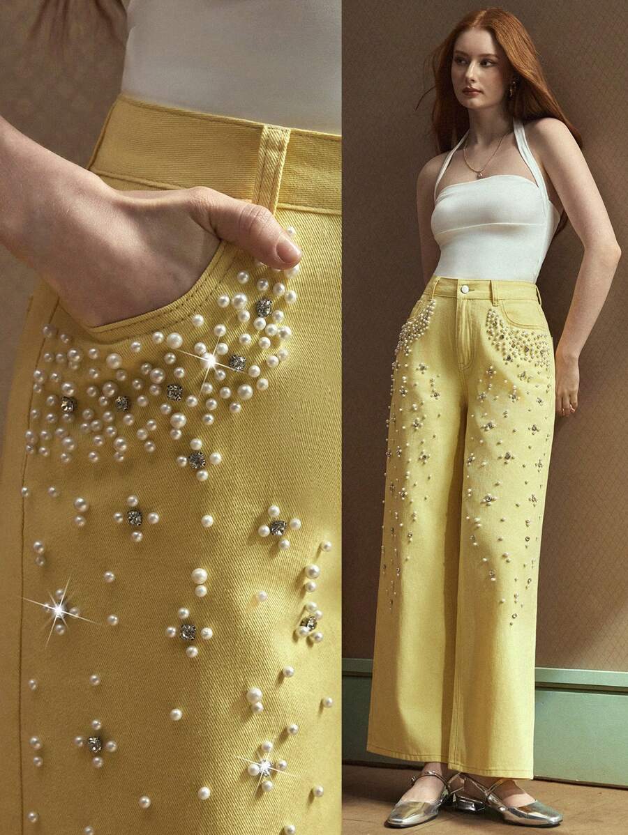 Selenza Women's Solid Color Fashionable Denim Jeans, Suitable For Summer Butter Yellow - Yellow - View 1