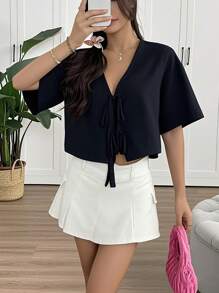 INAWLY Camisa tipo cárdigan con manga larga y lazo delantero, color rojo, para primavera - Negro - Ver 4