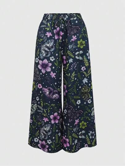 Fairycore سراويل طويلة للنساء مطبوعة بالكامل بتصميم فراشات وفراشات ونباتات زهرية، طراز فيري كور