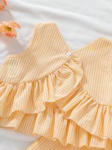 SHEIN 女童黄白条纹背心，休闲韩版设计套装，女童夏季两件套，黄色条纹两件套，女童夏季服装 - 彩色 - 查看 3