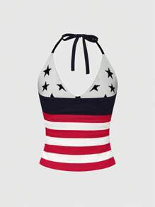 ROMWE J-Fashion 女式 7 月 4 日可爱舒适 90 年代千禧年美国国旗印花露背针织上衣 - 杏色 - 查看 2