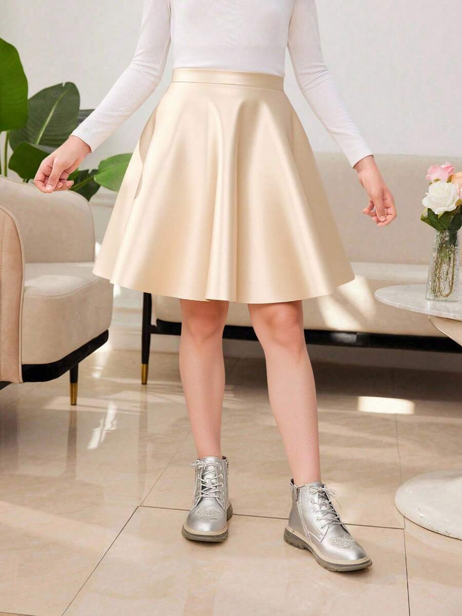 Tween 女童时尚休闲银色 PU 皮革百褶迷你裙 - 黃色 - 查看 1