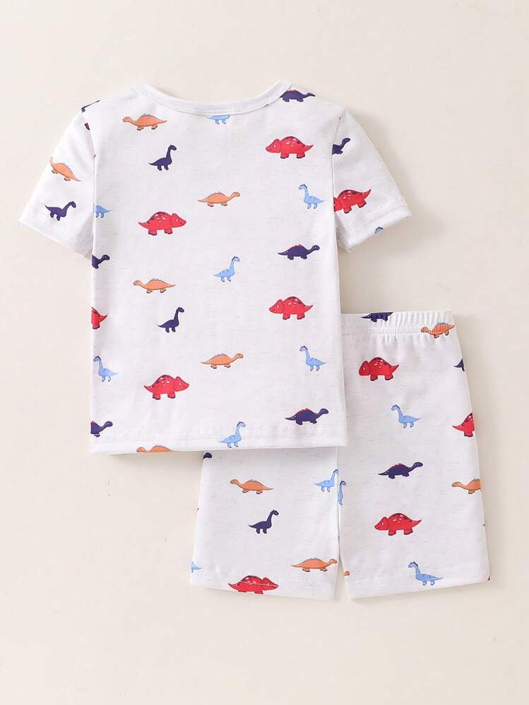 2pcs Baby Boy Colorful Dinosaur Print Short Sleeve Top And Shorts Set, Casual Pajamas - Light Grey - View 2