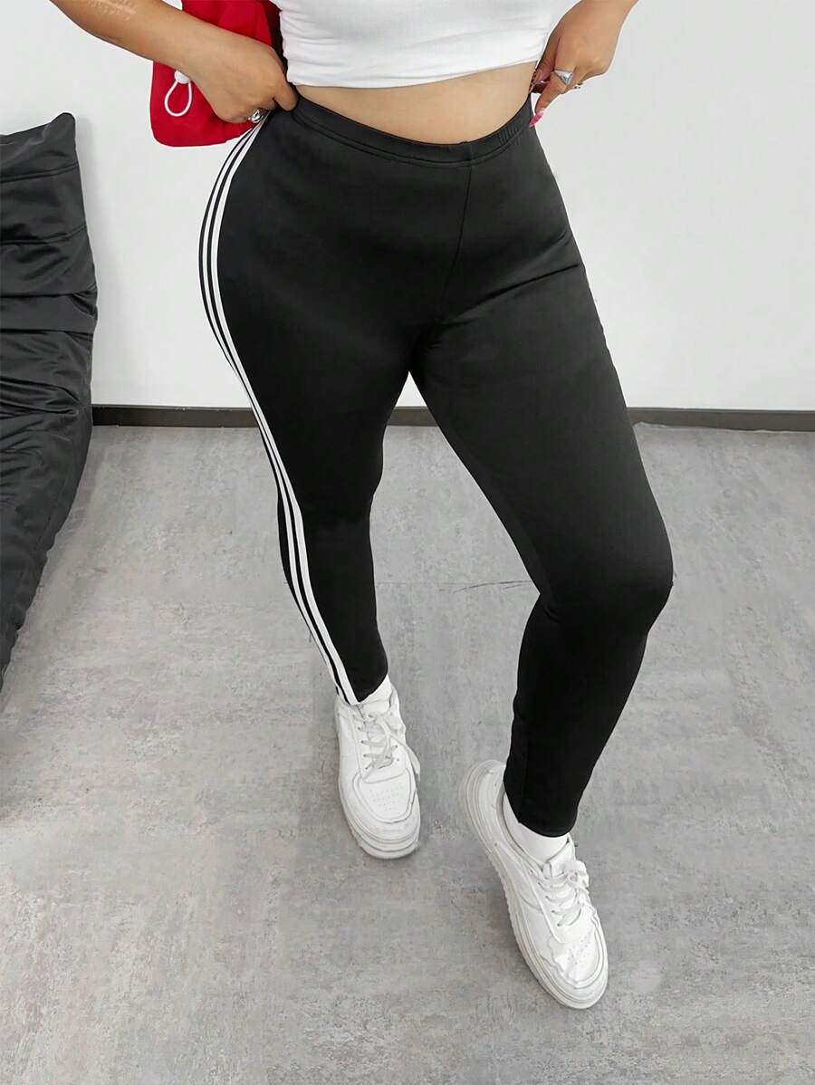 POPSWAY Plus Striped Side Leggings - Black - View 1