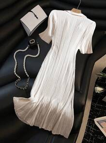 Franclia Women's Simple Solid V-Neck Godet Hem Ribbed Knit Sweater Dress