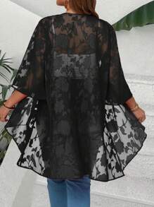 EMERY ROSE Plus Size Women Jacquard Mesh Three Quarter Sleeve Cardigan - Black - View 2