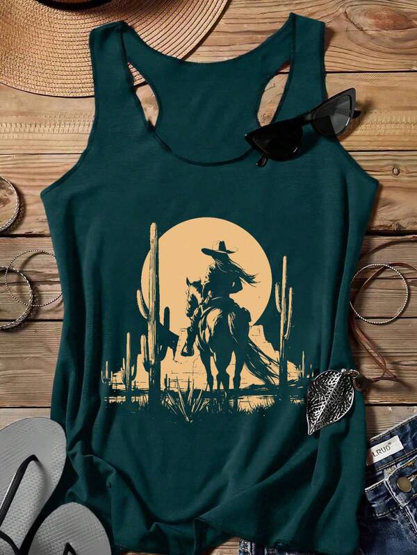 SHEIN LUNE Maiou casual cu imprimeu de cactus și cowboy pentru femei, vară