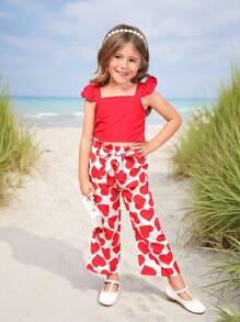 SHEIN Toddler Girls Ruffle Trim Top & Heart Print Belted Trousers - Multicolor - View 1
