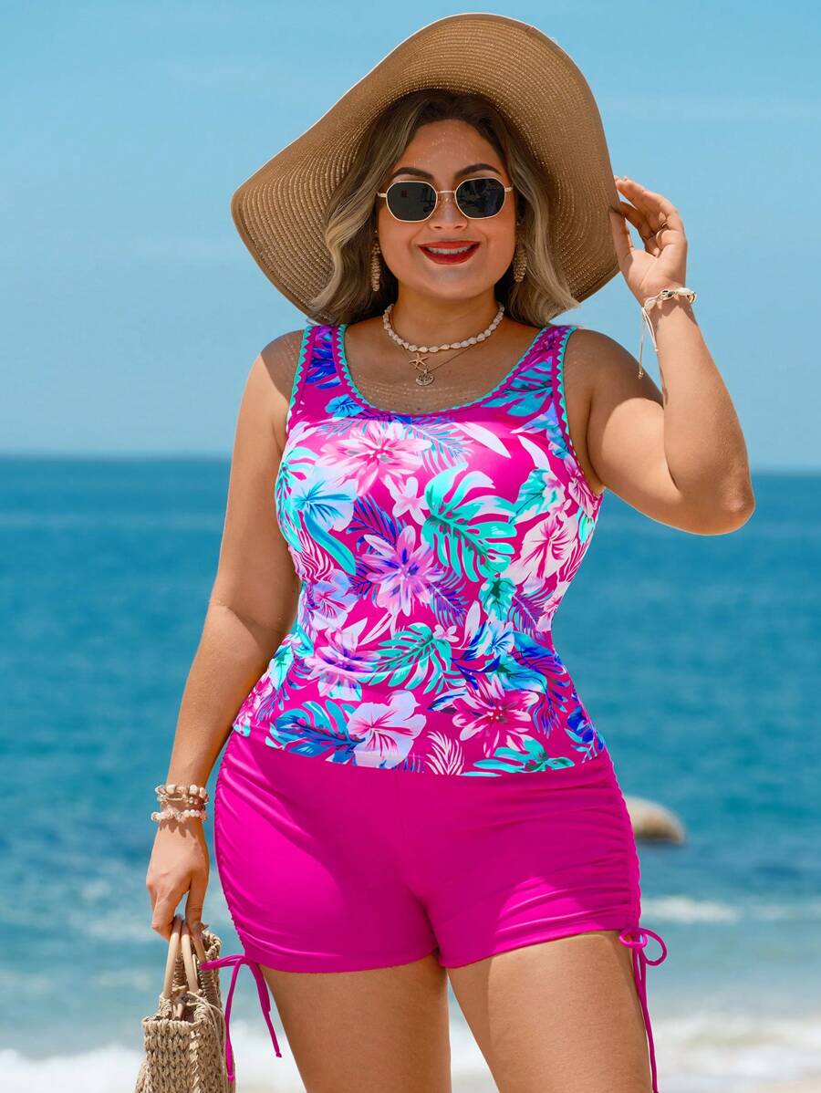Swim Lushoire Plus Size Women Tropical Leaf Print Tankini Sexy Slimming Swimwear For Summer Beach Vacation - Hot Pink - View 1