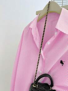 INAWLY Áo thun sọc đơn hàng rời vai trễ dành cho nữ cỡ lớn - Hồng - Xem 7