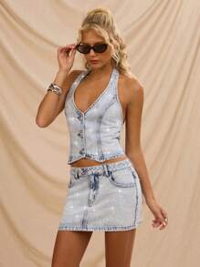 Avantive 女式春夏水钻装饰纽扣式露背牛仔上衣和牛仔迷你裙套装，适合音乐节和派对 - 淺色水洗藍 - 查看 8