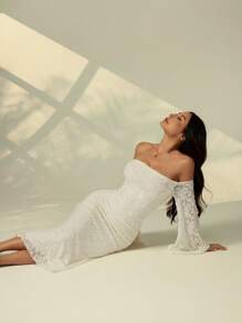 SHEIN PETITE 女士纯色优雅时尚生日服装露肩连衣裙生日礼服适合度假服装女士白色毕业礼服适合日常穿着 - 米色 - 查看 1