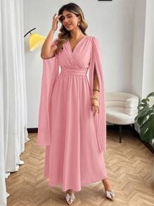 Roveilla فستان طويل من الشيفون مع أكمام متدلية وفتحة عميقة على الجانب للسيدات ذوات القياس الكبير