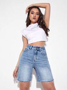 SHEIN ICON 大码女式磨边休闲百搭牛仔短裤