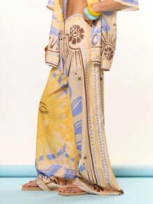 MUSERA Wide Leg Tie Front Graphic Sun Solar Print Trousers Beach Cover Up Swim Summer Vacation Holiday Festival Cute Casual Elegant Tuscan Sun