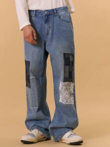 Musero Straight Leg Patchwork Jeans Washed Denim Spring Summer Urban Streetstyle - Light Wash - View 2