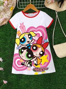 THE POWERPUFF GIRLS X SHEIN Young Girl Summer Casual Cartoon And Heart Pattern Round Neck Contrast Trim Short Sleeve Tee Dress