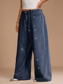 SHEIN Unity Women's Plus Size Dark Wash Denim Wide Leg Jeans, Sparkly Diamond Embellished With Extra Long Design For A Dazzling Look. - Dark Wash - View 4