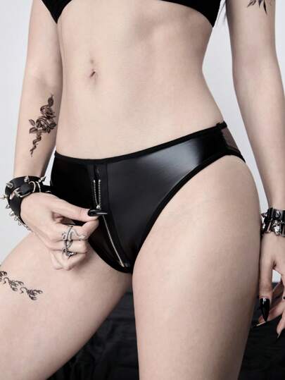 Grunge Punk Punk Rock Music Festival Party Wear PU Zipper Triangle Panty For Women, Rave