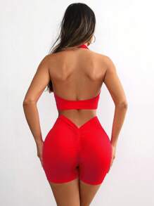 Slayform Conjunto de ropa deportiva de un solo color sin costuras con top halter sin espalda y shorts plisados para mujer - Rojo - Ver 5