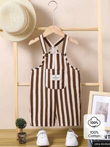 SHEIN Playful Pals 1pc Baby Boys' Casual Striped Colorblock Comfortable Double-Layered Cotton Overalls Shorts, Suitable For Daily Wear And Outdoor Activities, Summer