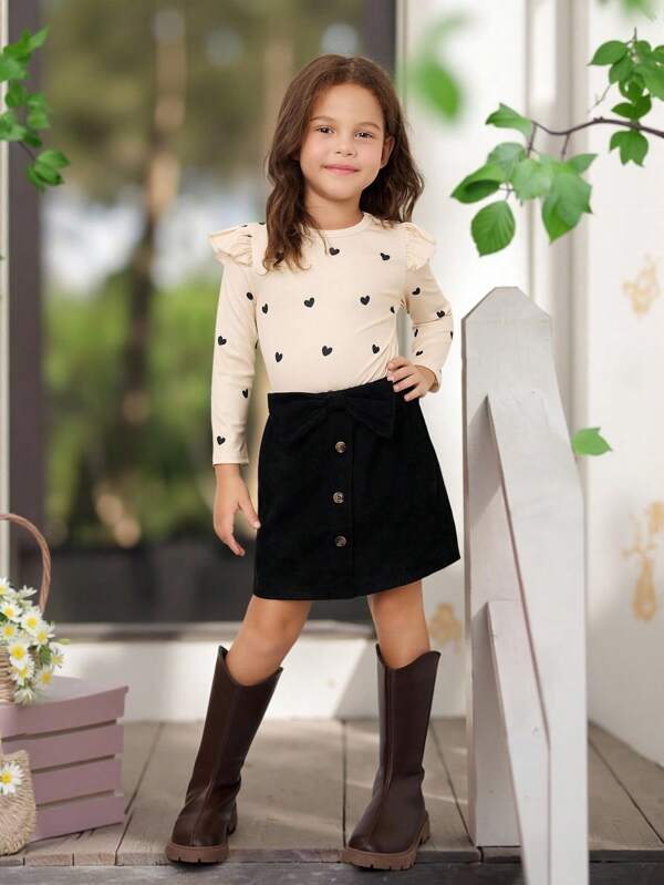 SHEIN 2pcs Young Girls Solid Knit Heart Pattern Ruffle Casual Top And Woven Skirt Set