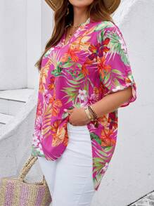 EMERY ROSE 大码女式热带植物印花V领卷袖衬衫 - 彩色 - 查看 5