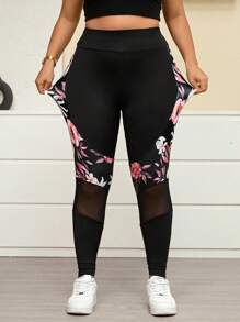 Calvaya Plus Size Women Tropical Plant Print Contrast Mesh Leggings For Vacation - Multicolor - View 3