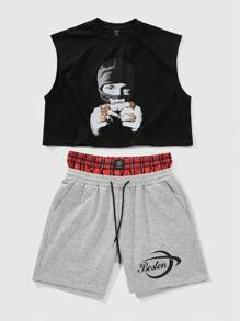 ROMWE MEN Street Life 2pcs/Set Men's Streetwear Graphic Print Tank Top And Shorts Suit - Black - View 4