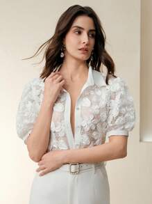 Anewsta Blusa estiva da donna a maniche a palloncino in tessuto jacquard semi-trasparente con lavorazione traforata - Bianco - Visualizzare 6