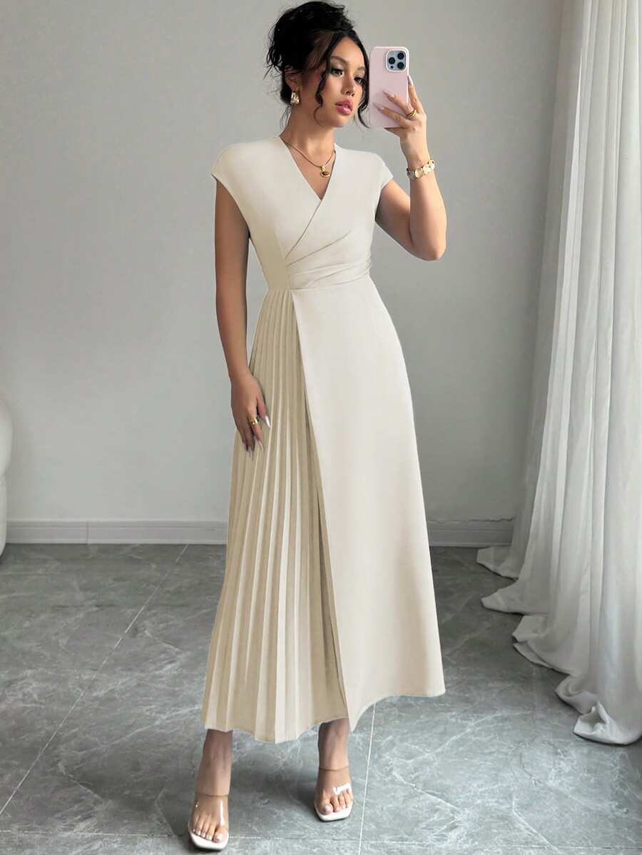 Elenzga Đầm Maxi trễ vai xếp ly bên phải, đơn giản, thanh lịch, đi làm, công sở, đi nghỉ, trà chiều, màu trơn, cổ chữ V, eo, viền bèo, hở vai, mùa xuân/hè - Màu be - Xem 1